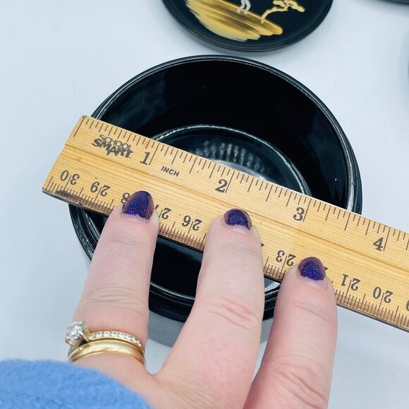 Vintage Black Laquered Japanese Hand Painted Mid-Century Coaster Lidded Set of 6 - Picture 5 of 9